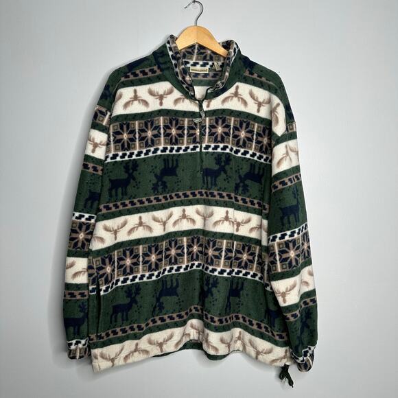 Prides Landing Unisex Vtg Green‎ 1/4 Zipper Pullover Moose Print Fleece Size L - Picture 1 of 8